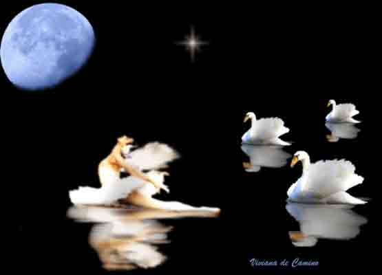 Angel cisne con luz de luna en lago
