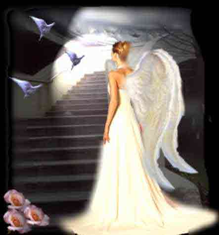 Angel de la escalera con palomas y rosas