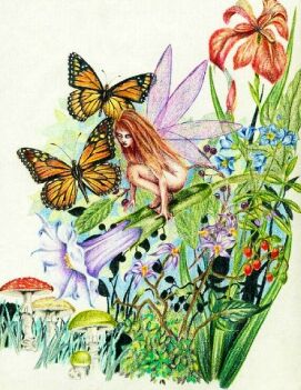 hada entre flores y mariposas